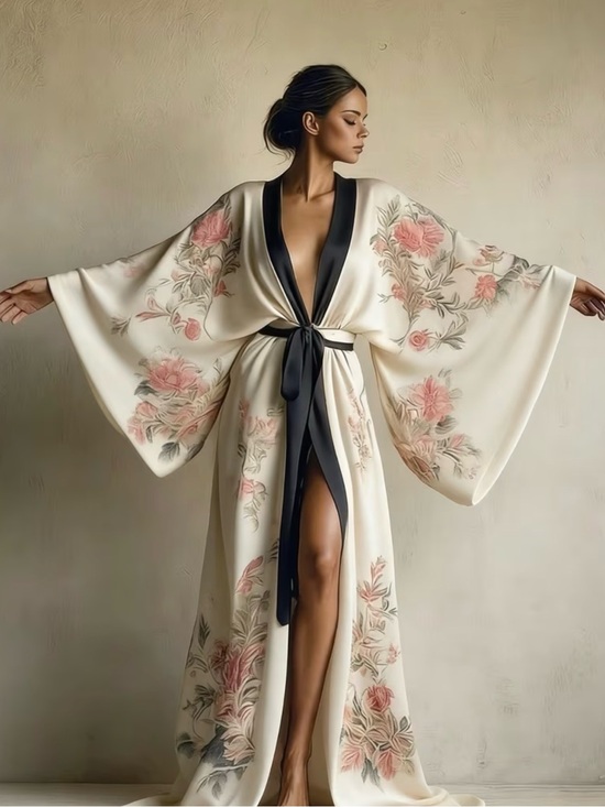 Other - Elegant Floral Cream Kimono Robe with Black Trim